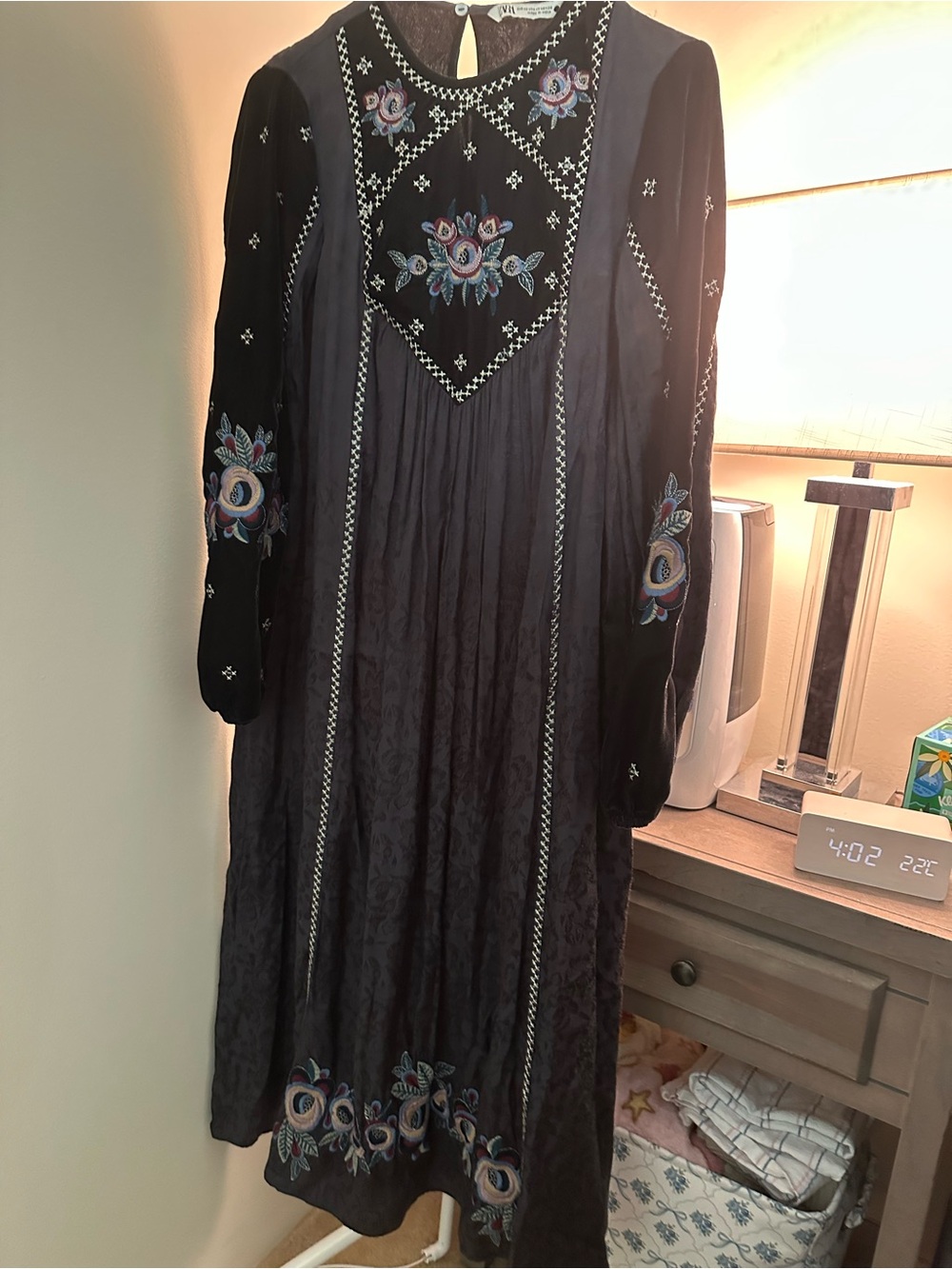Zara Black Long-Sleeve Embroidered Floral Midi Dress
